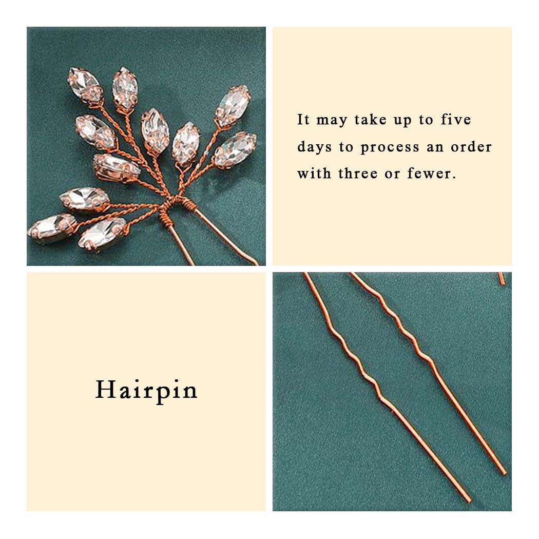 Heread Crystal Bride Wedding Hair Pins Rhinstones Bridal Hair Accessories Head Piece for Women and Girls (Pack of 3) (B Rose Gold)