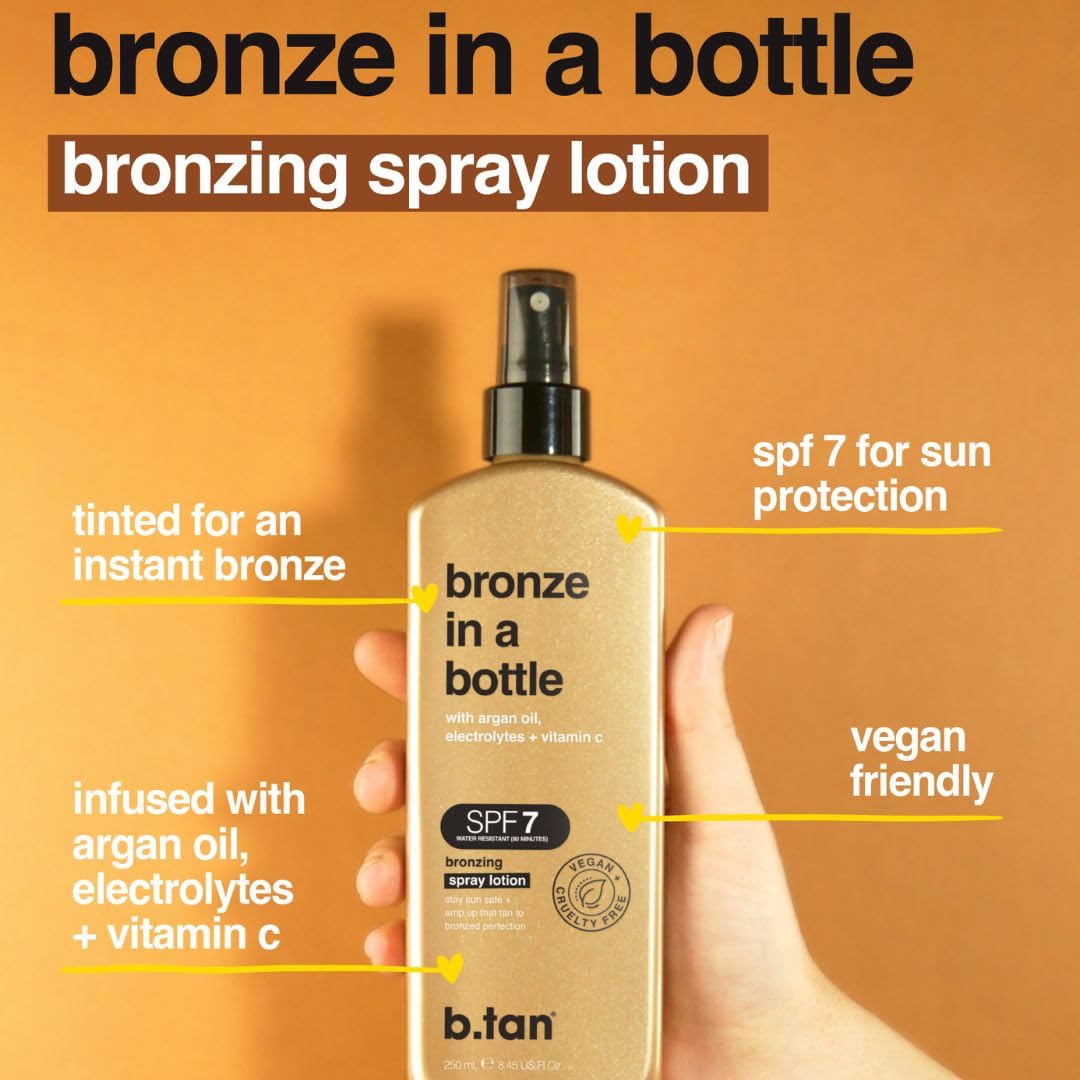 b.tan SPF 7 Sun Tanning Lotion Spray | Bronze In a Bottle - Best Tan Intensifier, Browning Outdoor Bronzing Accelerator, Packed with Argan Oil, Electrolytes, & Vitamin C, Austrailian Brand, 8.45 Fl Oz