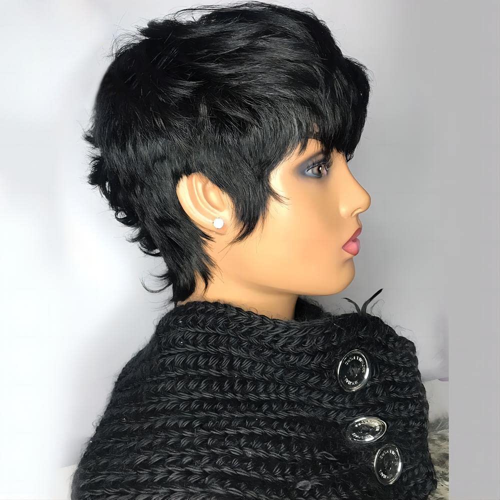 RICONEY Short Bob Wigs for Black Women Human Hair Pixie Cut Wig with Bangs Glueless Short Pixie Wig Layered None Lace Front Wig Full Machine Made 1B Color
