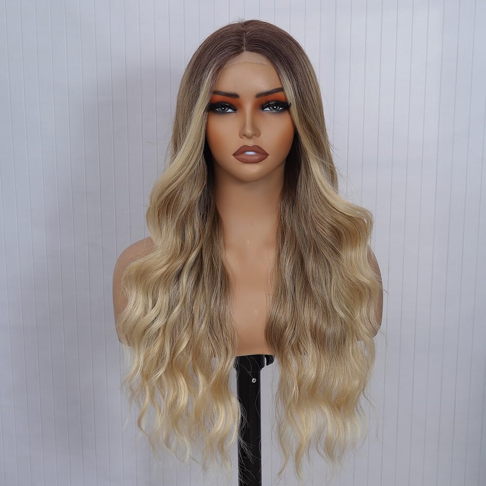 HMHIFI Long Ombre Blonde Highlights Wig for Women 26 inch 4x1 Lace Hairline Wigs Upgraded Protein Fiber Natural Looking Hair Replacement Wig Cosplay Costume Halloween Wig
