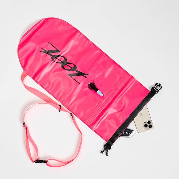 Zoot Ultra Swim Safety Buoy & Dry Bag, High-Visibility Open-Water Safety Floatation Device with Storage for Long-Distance Swimming Training Sessions (15L) - Neon Pink - 15L