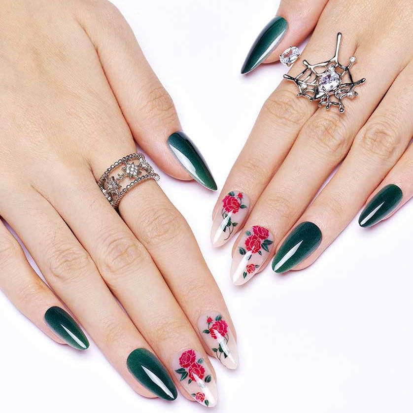 GLAMERMAID Deep Green Press on Nails Medium Almond, Rose Glossy Jelly Soft Gel Glue on Nails Stiletto, Autumn Flower Fern Fake Nails Short Oval, Reusable Acrylic Stick on False Nails Kit for Women