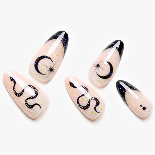 GLAMERMAID Nude White Press on Nail Medium Almond, Natural White Crush Nail, Stiletto Fake Nail with Glitter Snake Design, Short Oval Stick Glue on Nail Tips for Women, Reusable Acrylic False Nail Kit