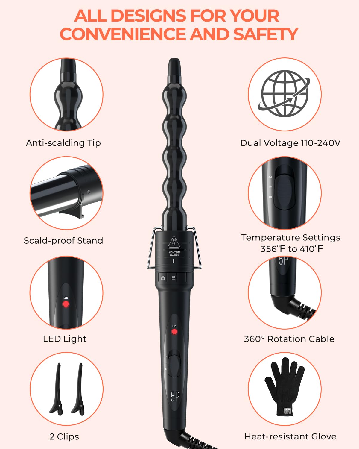 5 in 1 Curling Wand Set: Ohuhu Curling Iron Wand 5Pcs 0.35 to 1.25 Inch Interchangeable Ceramic Barrel Heat Protective Glove 2 Clips Dual Voltage Hair Curler for Girls Women Mother's Day Gift Black