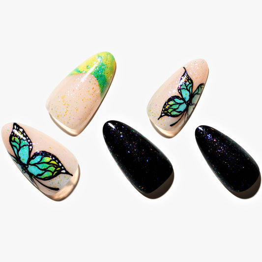 GLAMERMAID Press on Nails Medium Almond, Spring Shinny Green French Tip Butterfly Gel Glue on Nail, 24Pcs Glossy Short Stiletto Reusable UV Finish Fake Nail Acrylic False Nails Manicure Kits for Women