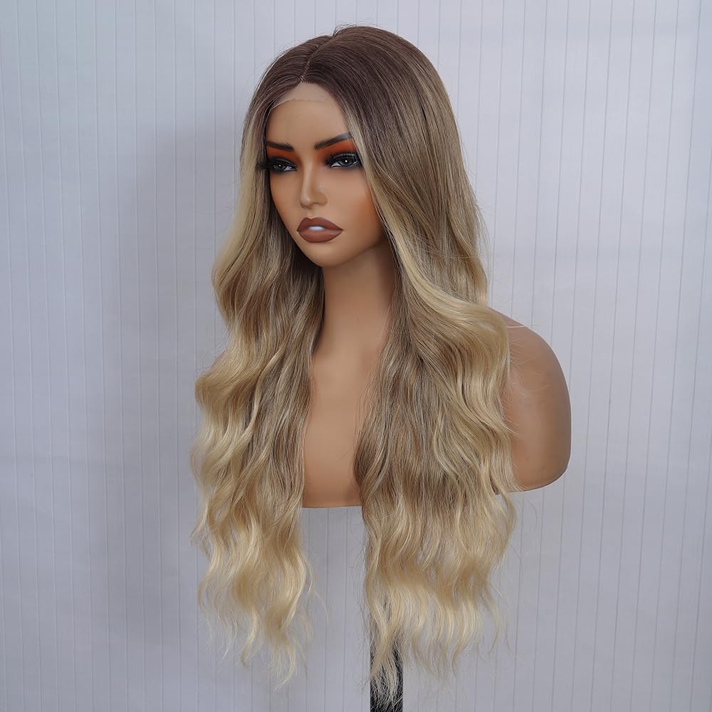 HMHIFI Long Ombre Blonde Highlights Wig for Women 26 inch 4x1 Lace Hairline Wigs Upgraded Protein Fiber Natural Looking Hair Replacement Wig Cosplay Costume Halloween Wig