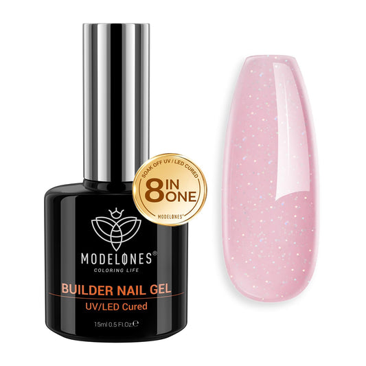 modelones Builder Nail Gel, 8-in-One Nude Pink Glitter Builder, Rainbow Iridescent Shimmer Nail Gel Polish, Jelly Pink Sparkle LED Lamp Cured Hard Rubber Color Base for Home DIY Salon Girls