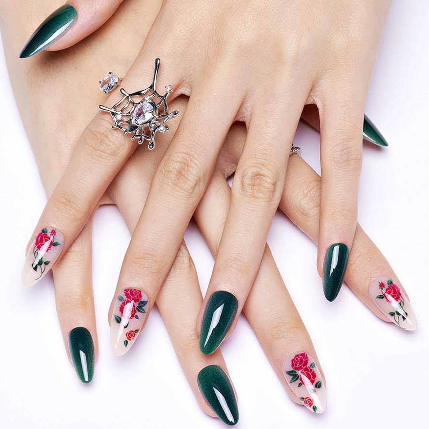 GLAMERMAID Deep Green Press on Nails Medium Almond, Rose Glossy Jelly Soft Gel Glue on Nails Stiletto, Autumn Flower Fern Fake Nails Short Oval, Reusable Acrylic Stick on False Nails Kit for Women
