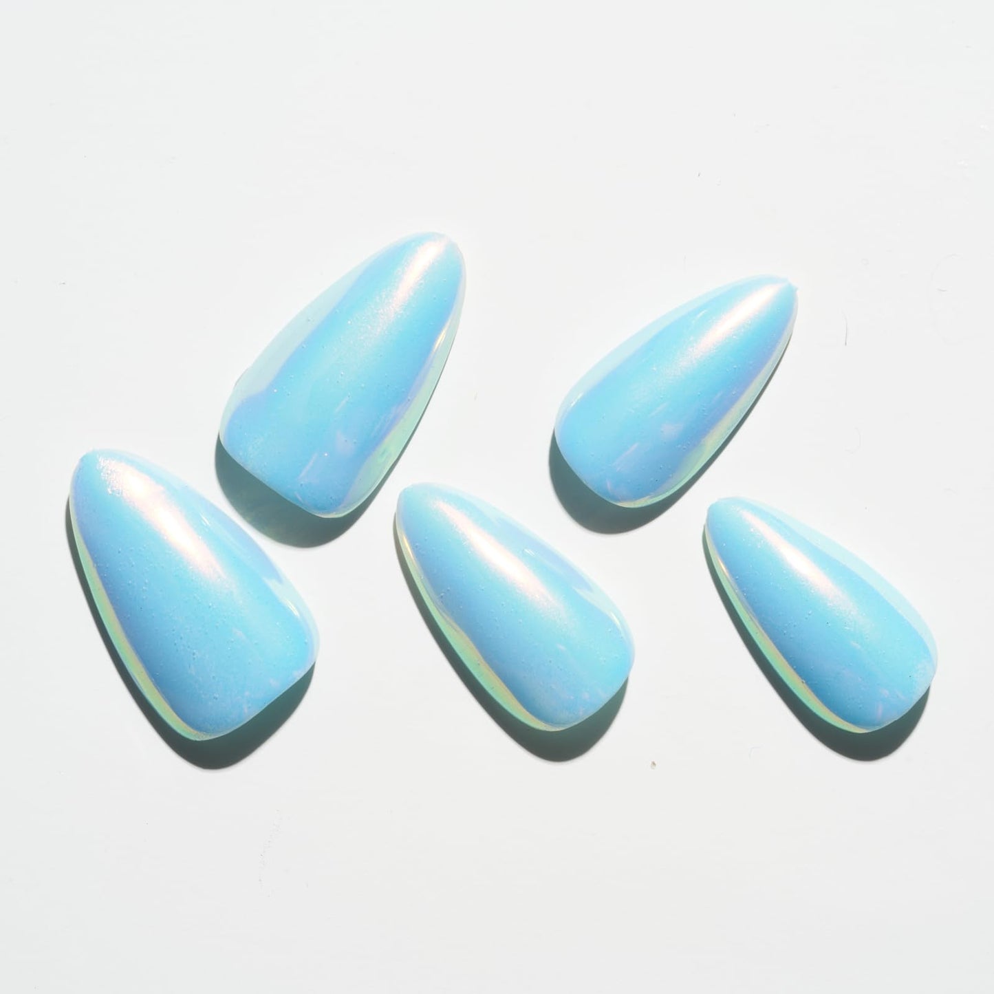GLAMERMAID Press on Nails Medium Almond Metal Blue, Chrome Pearl Mermaid Handmade Jelly Soft Gel Fake Nails Stiletto, Glossy Glue on Nails Short Oval, Reusable Acrylic Stick on False Nails for Women