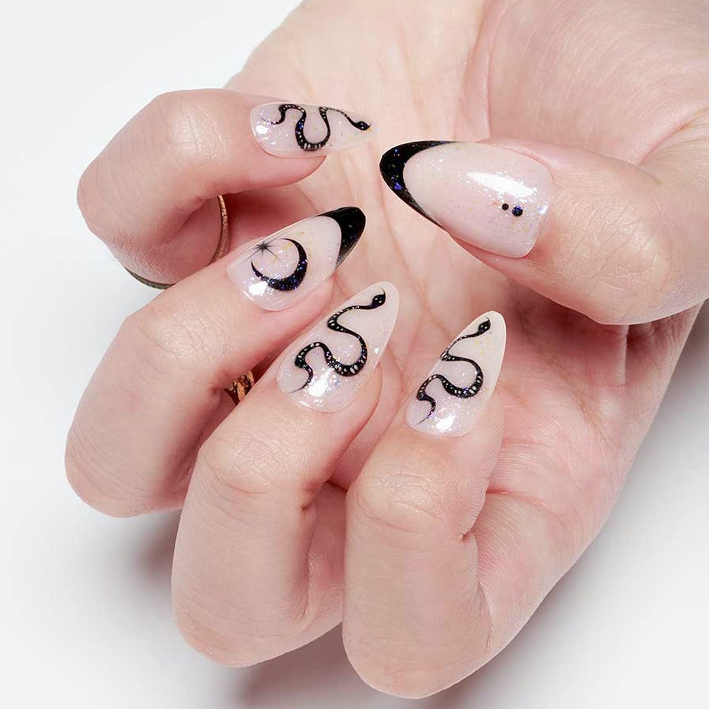 GLAMERMAID Nude White Press on Nail Medium Almond, Natural White Crush Nail, Stiletto Fake Nail with Glitter Snake Design, Short Oval Stick Glue on Nail Tips for Women, Reusable Acrylic False Nail Kit