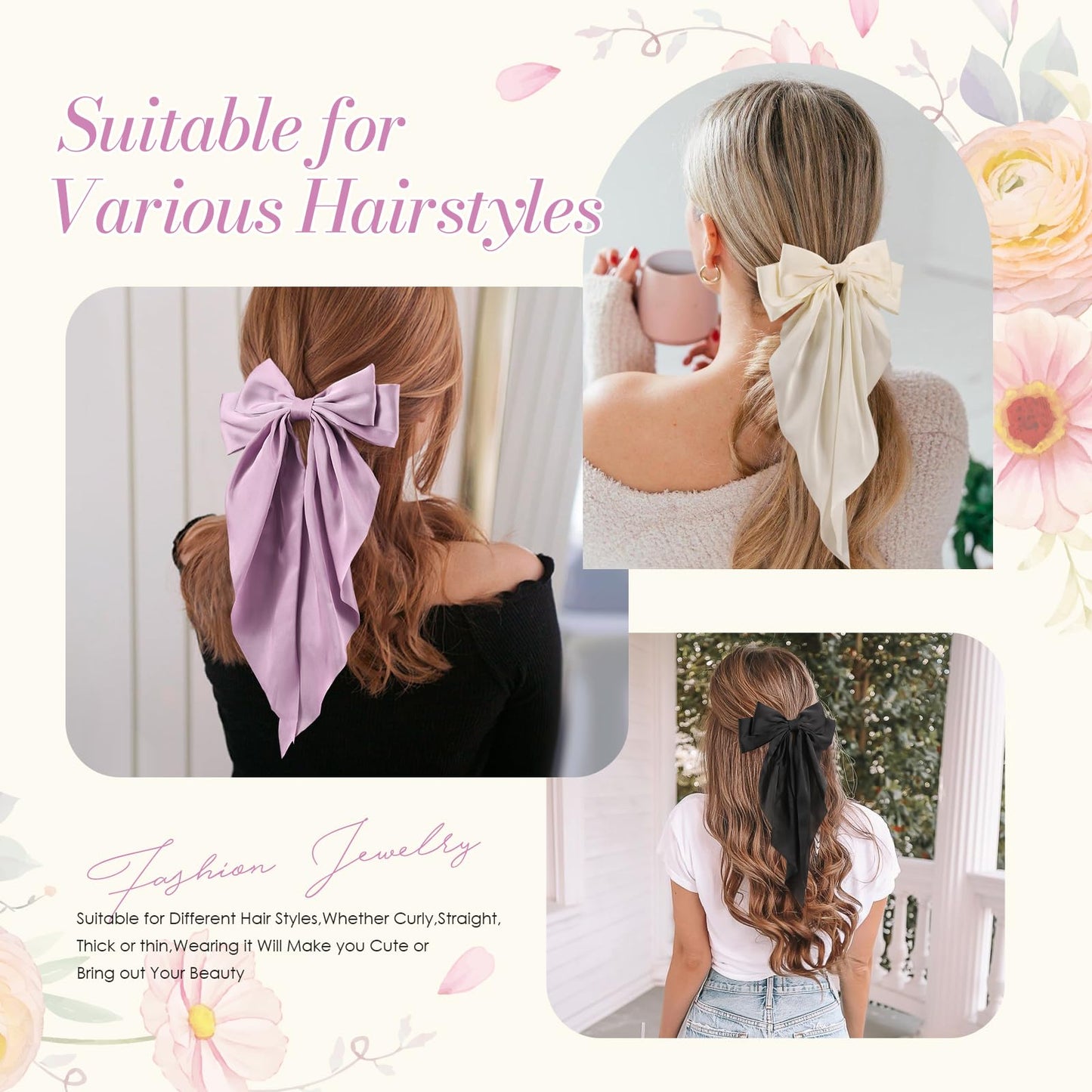 6 PCS Hair Bows for Women, Big Bow Hair Clips for Girls, Silky Satin Hair Bows Clips Oversized Long Tail, Large Cute Aesthetic Hair Accessories, Metal Bow Hair Clips Holiday Gifts