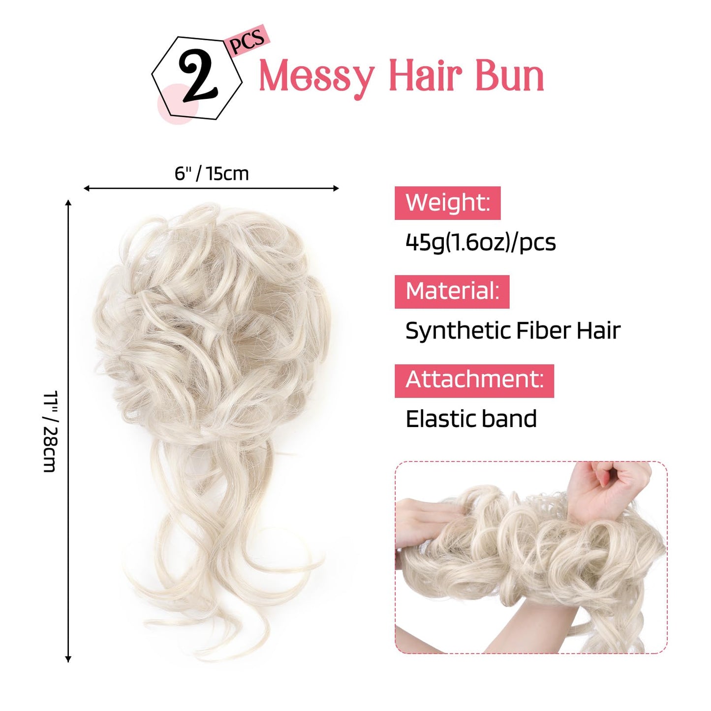 HOOJIH 2PCS Messy Bun Hair Piece, Tousled Updo with Tendrils Hair Bun Extensions Wavy Curly Hair Wrap Ponytail Hairpieces Hair Scrunchies for Women HB010 Dasiy - White Blonde