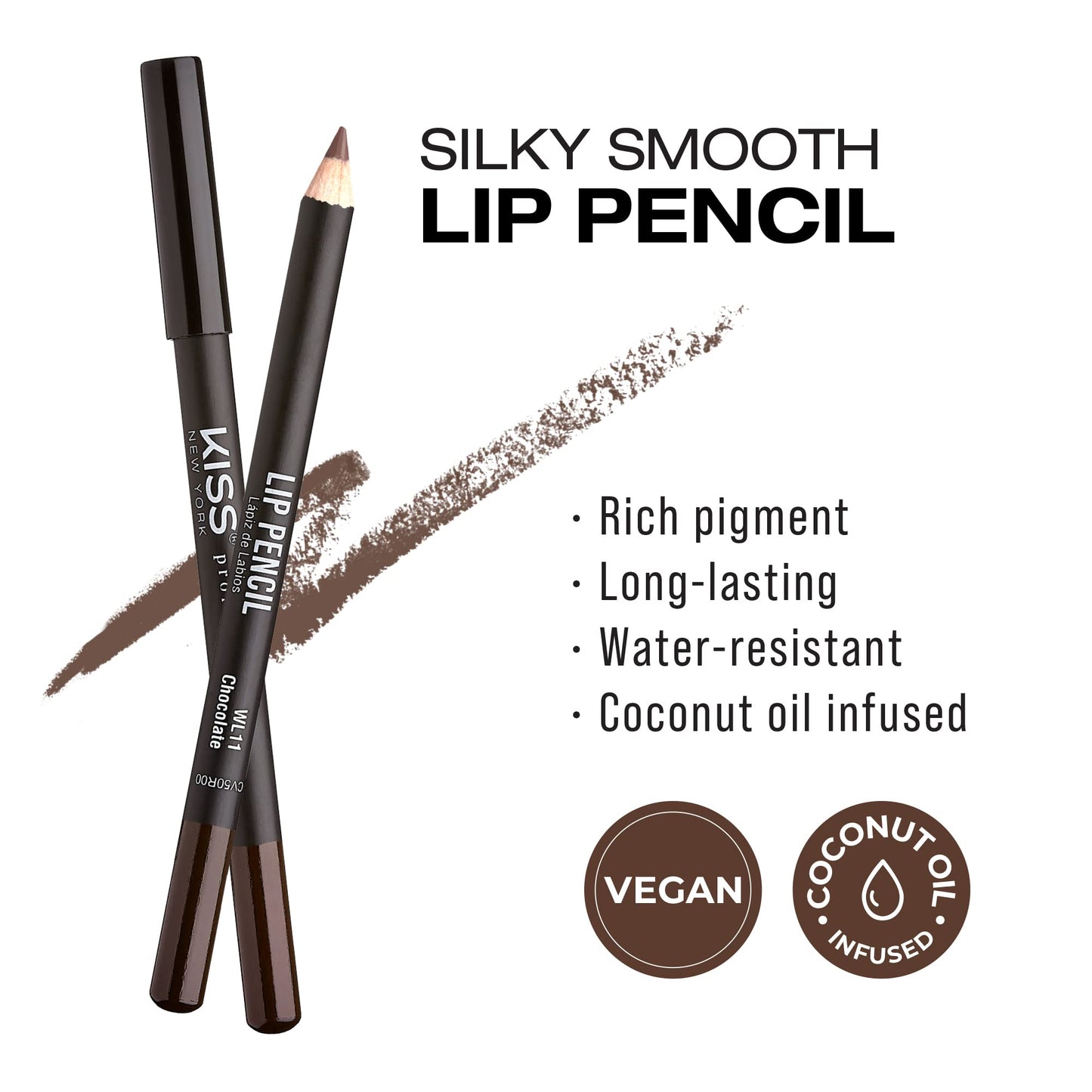KISS NEW YORK Professional Slim Lip Pencil, Creamy Soft Lip Liner, Smooth Long-Lasting Rich Lip Color, Natural Lip Makeup, Water-Resistant Lip Crayon (Chocolate)