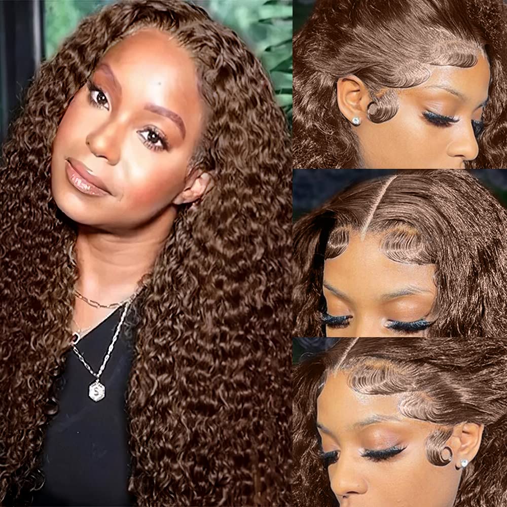 250% Density Mongolian Curly Lace Front Wigs Human Hair 13x6 Auburn Brown HD Transparent Lace Front Wigs Human Hair for Women With Baby Hair Chocolate Deep Curly Lace Front Wigs Human Hair