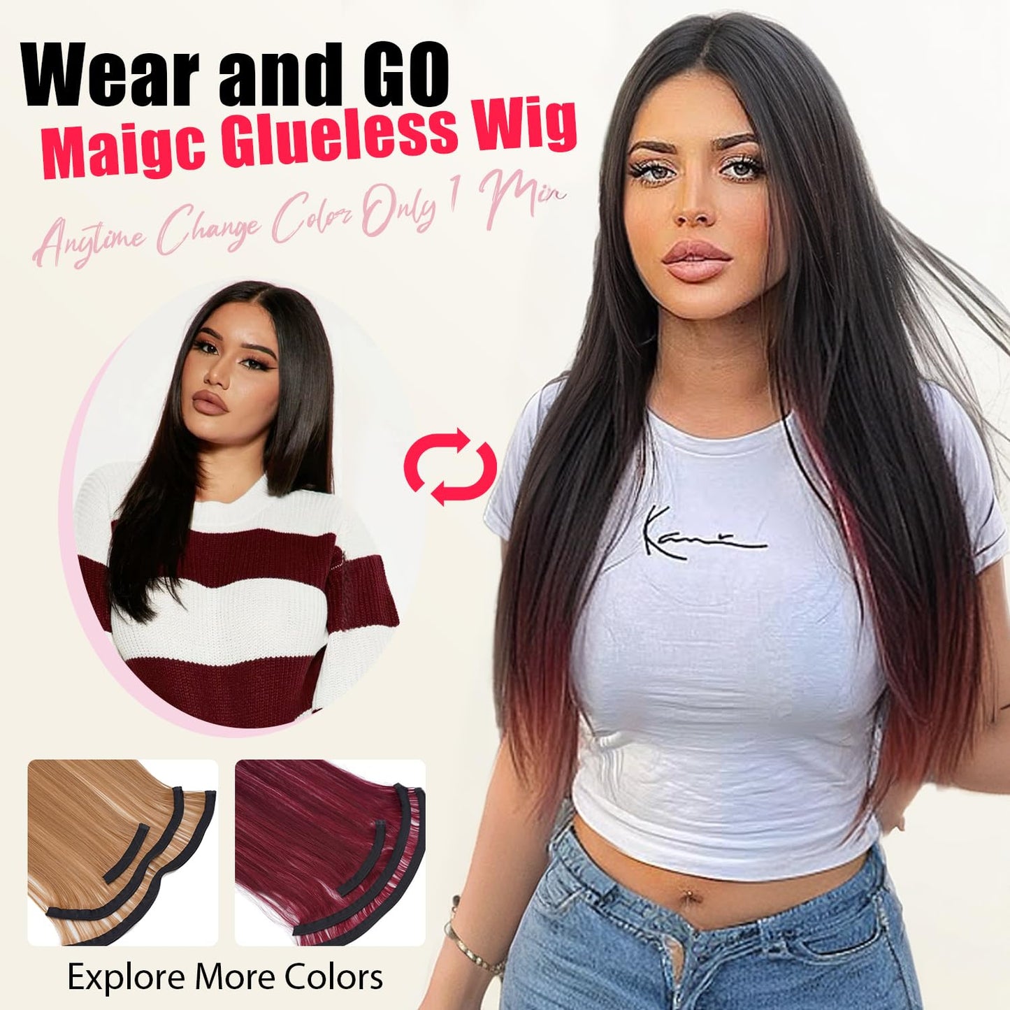 Glueless Wigs Human Hair Pre Plucked Pre Cut 20 Inch Magic Human Hair Wig that Can Change Colors 6x4 Straight Hd Lace Front Wigs Human Hair Wigs for Women 200% Density Nature Black Wig with Red