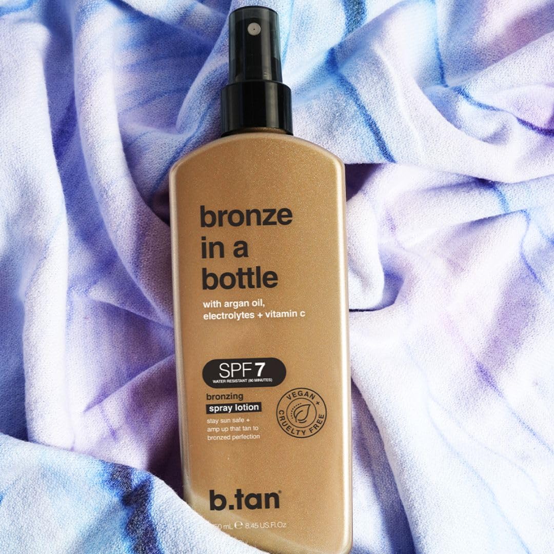b.tan SPF 7 Sun Tanning Lotion Spray | Bronze In a Bottle - Best Tan Intensifier, Browning Outdoor Bronzing Accelerator, Packed with Argan Oil, Electrolytes, & Vitamin C, Austrailian Brand, 8.45 Fl Oz
