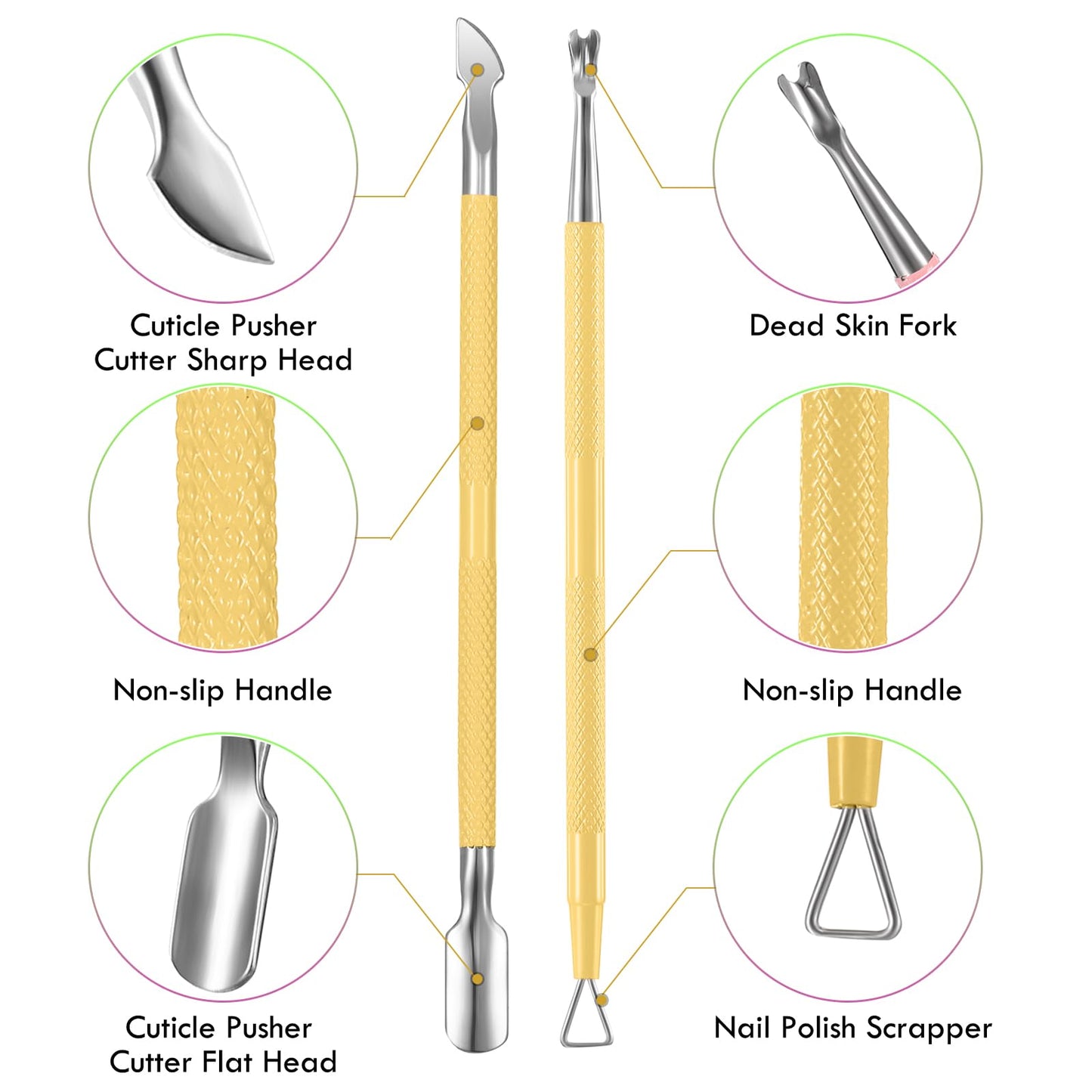 Cuticle Trimmer with Cuticle Pusher, XUNXMAS Cuticle Remover Cutter Nipper Scissor and Triangle Cuticle Nail Pusher Peeler Scraper, Durable Dead Skin Clipper Manicure Pedicure Tools (Yellow)