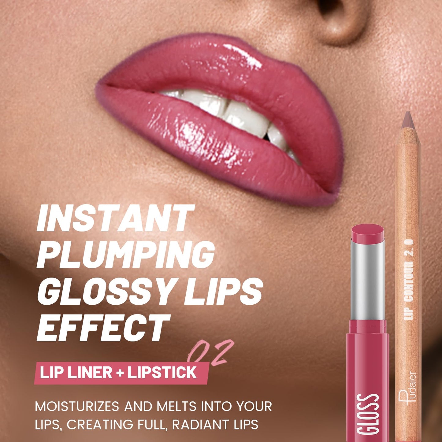 2Pcs Lipstick and Lip Liner Combo, Lip Liner and Lip Gloss Kit for Women, Matte Lip Pencil and Smooth Hydrating Lipstick with Sharpener, Non-Stick Lip Makeup Set