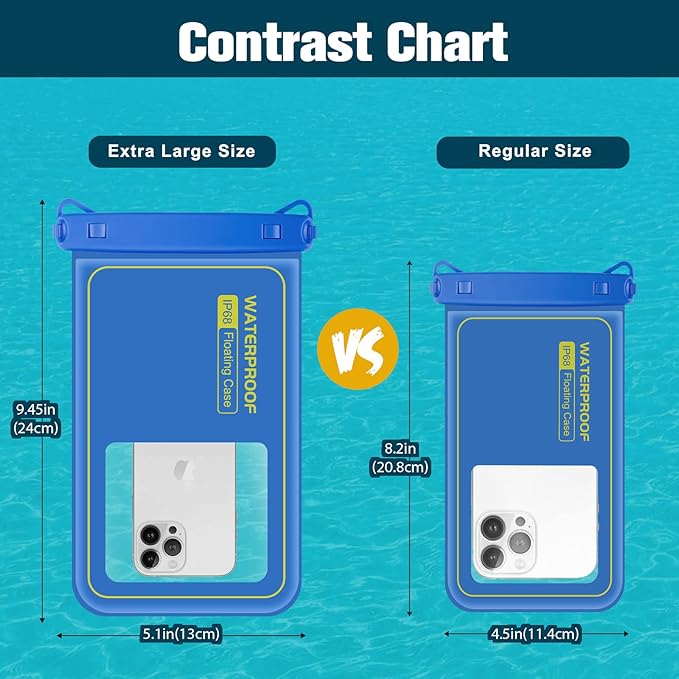JOTO [IP68 Floatable Large Floating Waterproof Phone Pouch Up to 10", Underwater Phone Case Cellphone Dry Bag for iPhone 16 15 14 13 12 11 Pro Max Xs Max XR X 8 7 Plus SE/Galaxy S24 S23 S22 -Blue