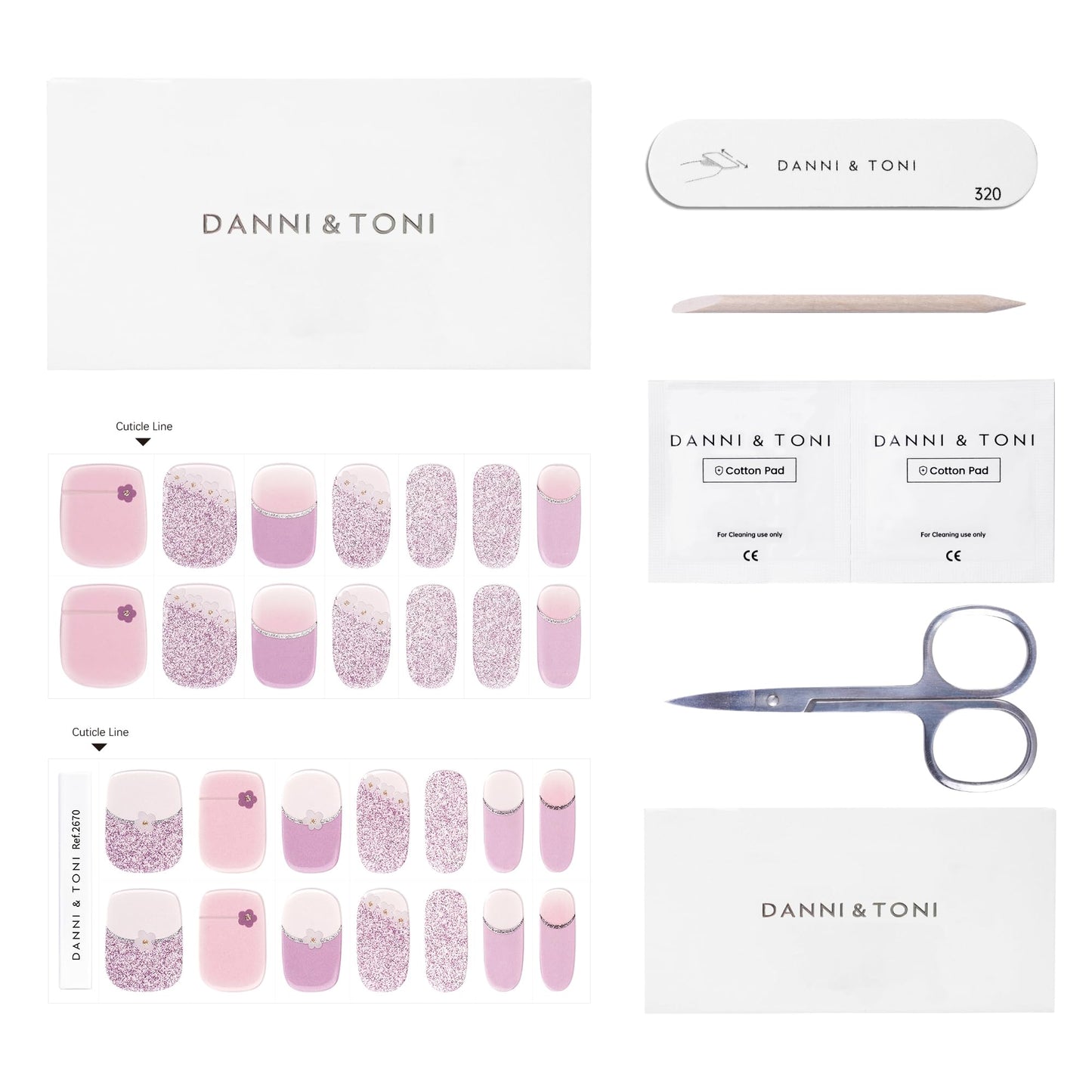 DANNI & TONI Semi Cured Gel Nail Strips Purple (Spring Whisper) French Tip Flowers Gel Nail Wraps UV Nails 28 Stickers