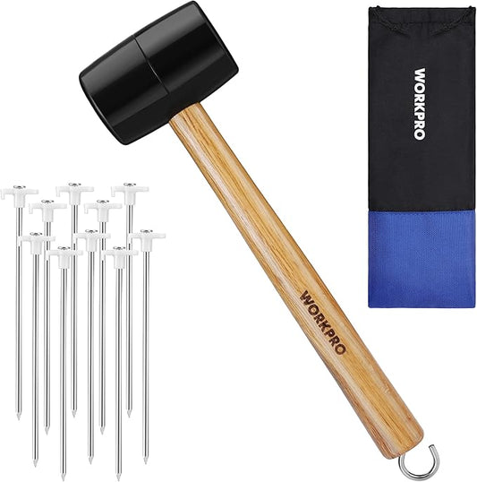 WORKPRO Tent Stakes and Hammer Set, 16oz Rubber Mallet Hammer, Wooden Handle, 10PC Heavy Duty Metal Tent Stakes and Storage Bag, DIY Woodworking, Camping Accessories for Ground, Camp and Graden
