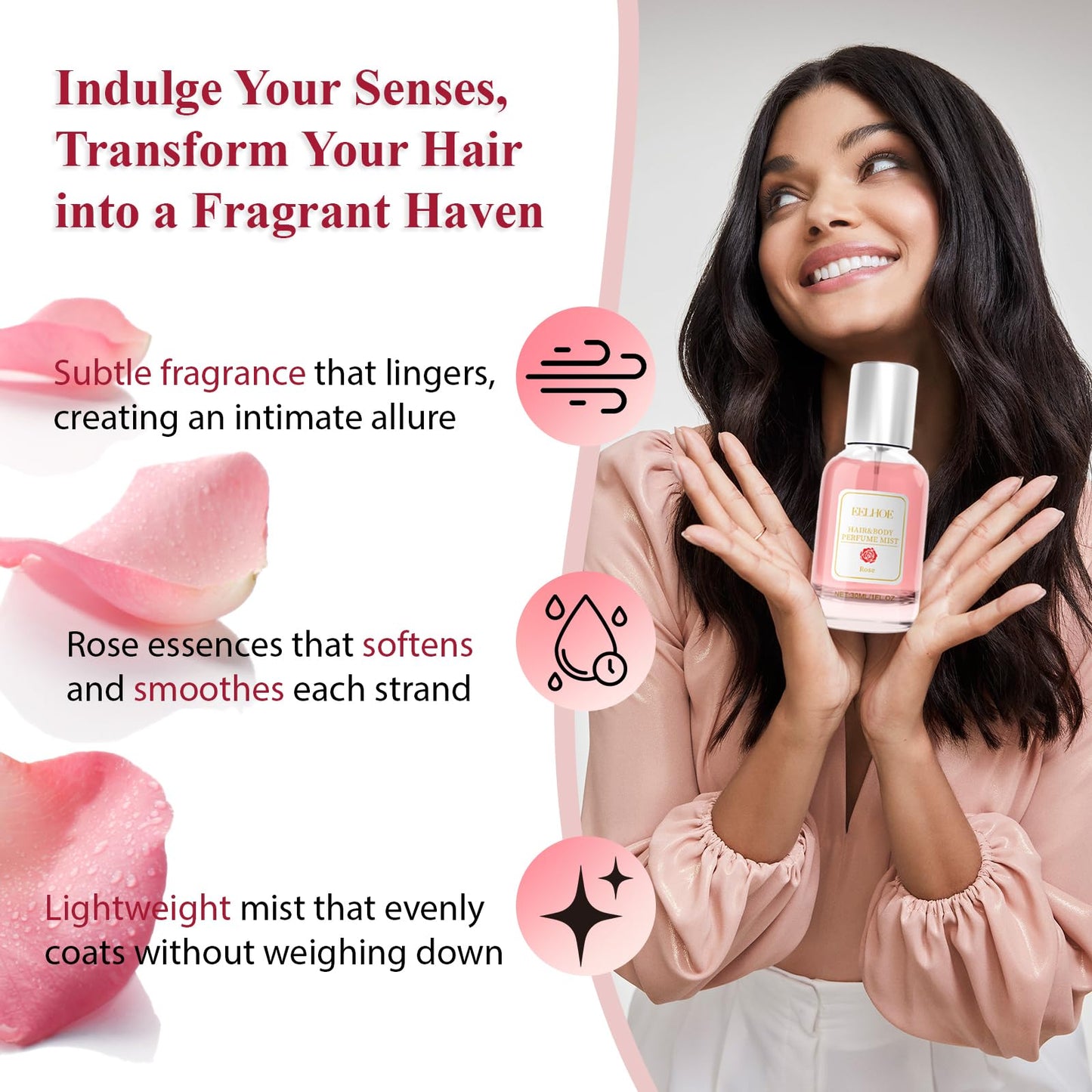 Hair Perfume for Women, Long Lasting Fragrance that Refreshes Hair, Pheromones Perfumes, Hair and Body Fragrance, Rose Fine and Smooth Fragrance Mist, Nourishing and Hydrating Hair Shine Spray