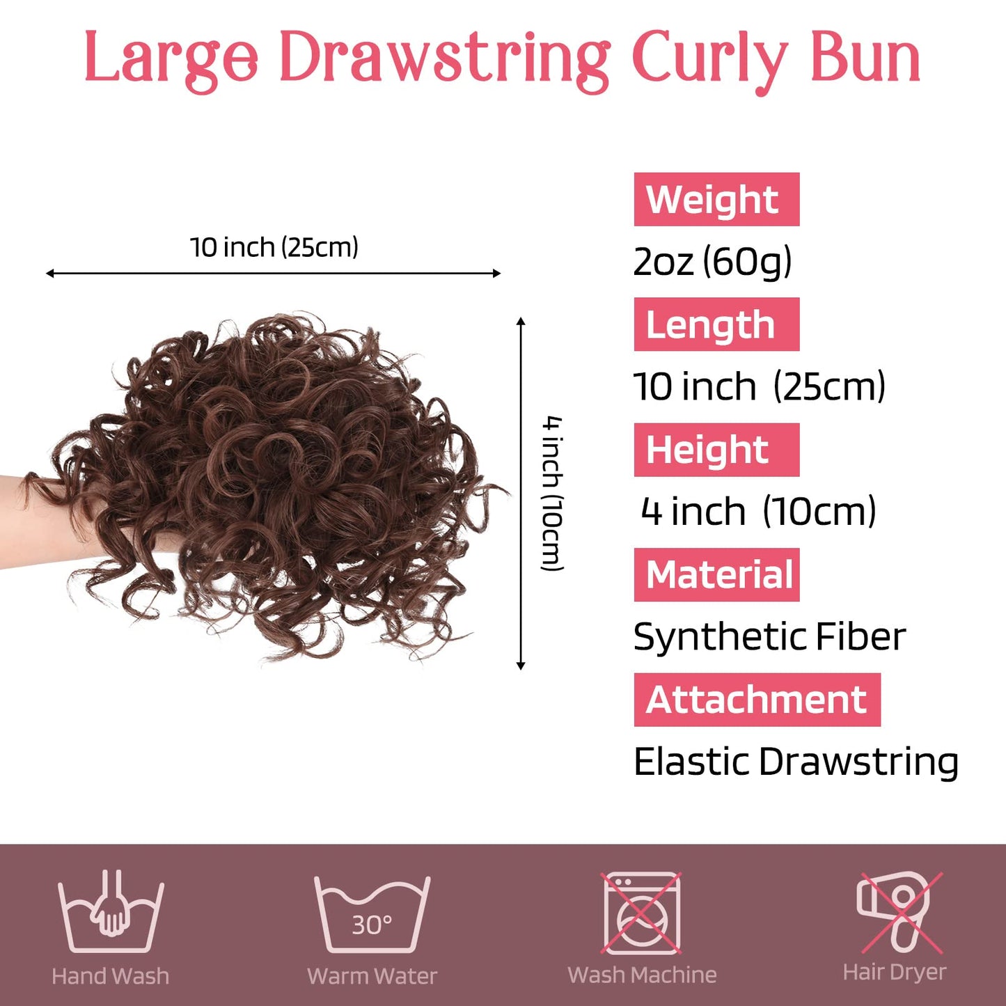 HOOJIH Curly Hair Bun, Messy Bun Hair Piece Elastic Drawstring Messy Bun Large Full Hair Bun Extension Hairpiece Short Synthetic Ponytail Extension for Women - Medium Cinnamon Brown