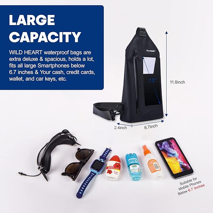 WILD HEART Waterproof Chest Sling Bag Pouch Fashion Diving Swimming Pool Beach Underwater Pouch Case Fully Waterproof Sea Fishing Diving Large Capacity Lightweight Bag