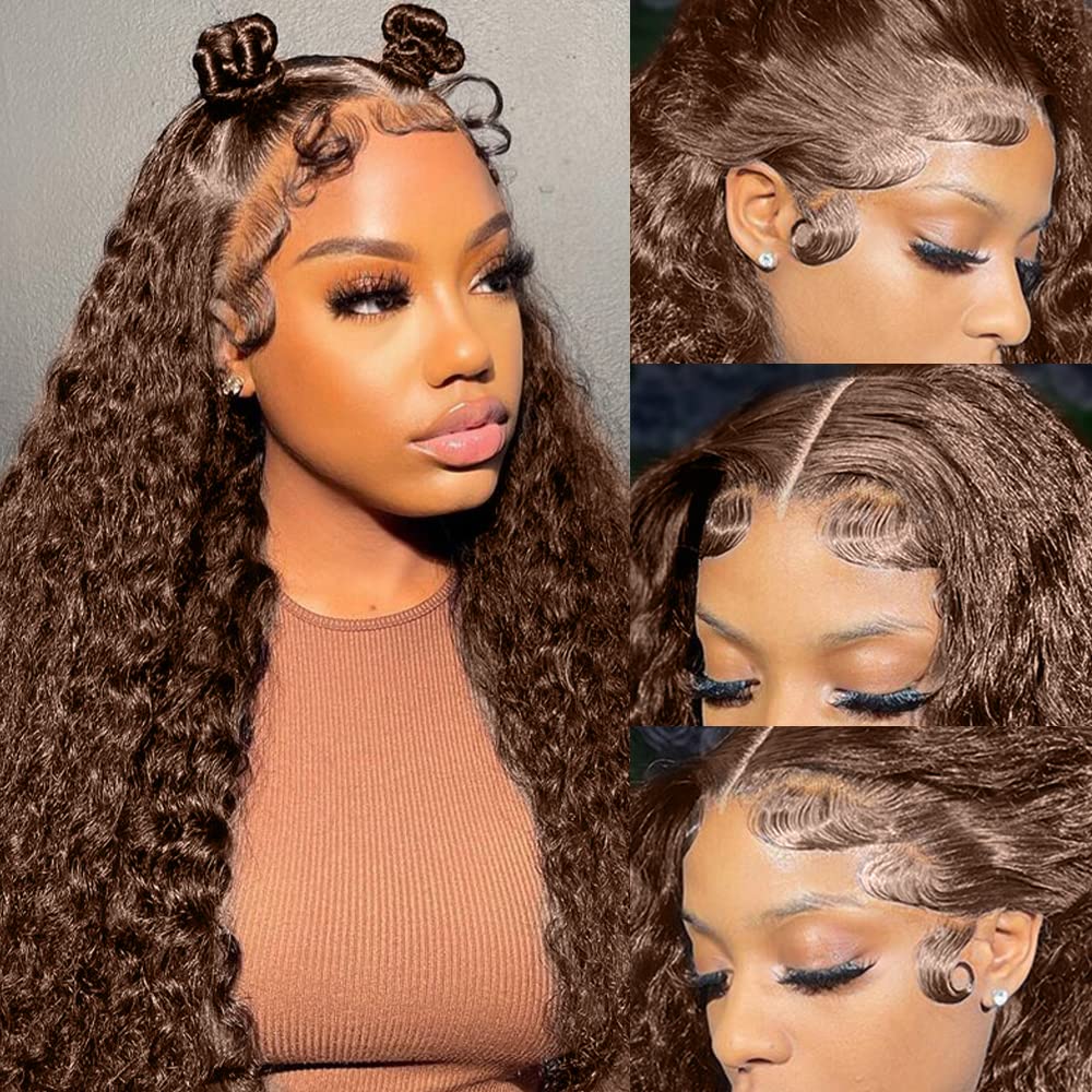 250% Density Mongolian Curly Lace Front Wigs Human Hair 13x6 Auburn Brown HD Transparent Lace Front Wigs Human Hair for Women With Baby Hair Chocolate Deep Curly Lace Front Wigs Human Hair