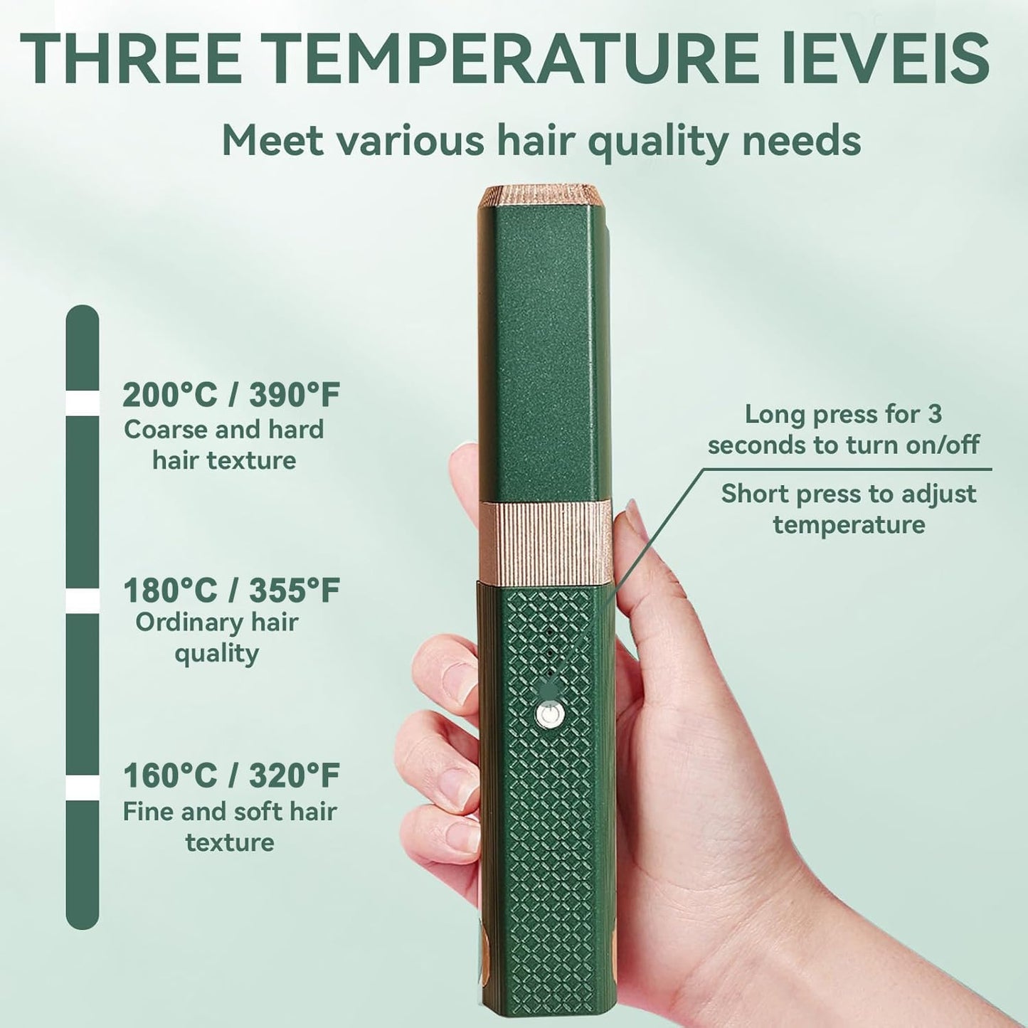 Cordless Hair Straightener, 2 in 1 Portable Mini Ceramic Flat Iron and Curler, USB-C Rechargeable Travel Straightener, Lock in Moisture & Shine, 3 Levels Adjustable (Green)