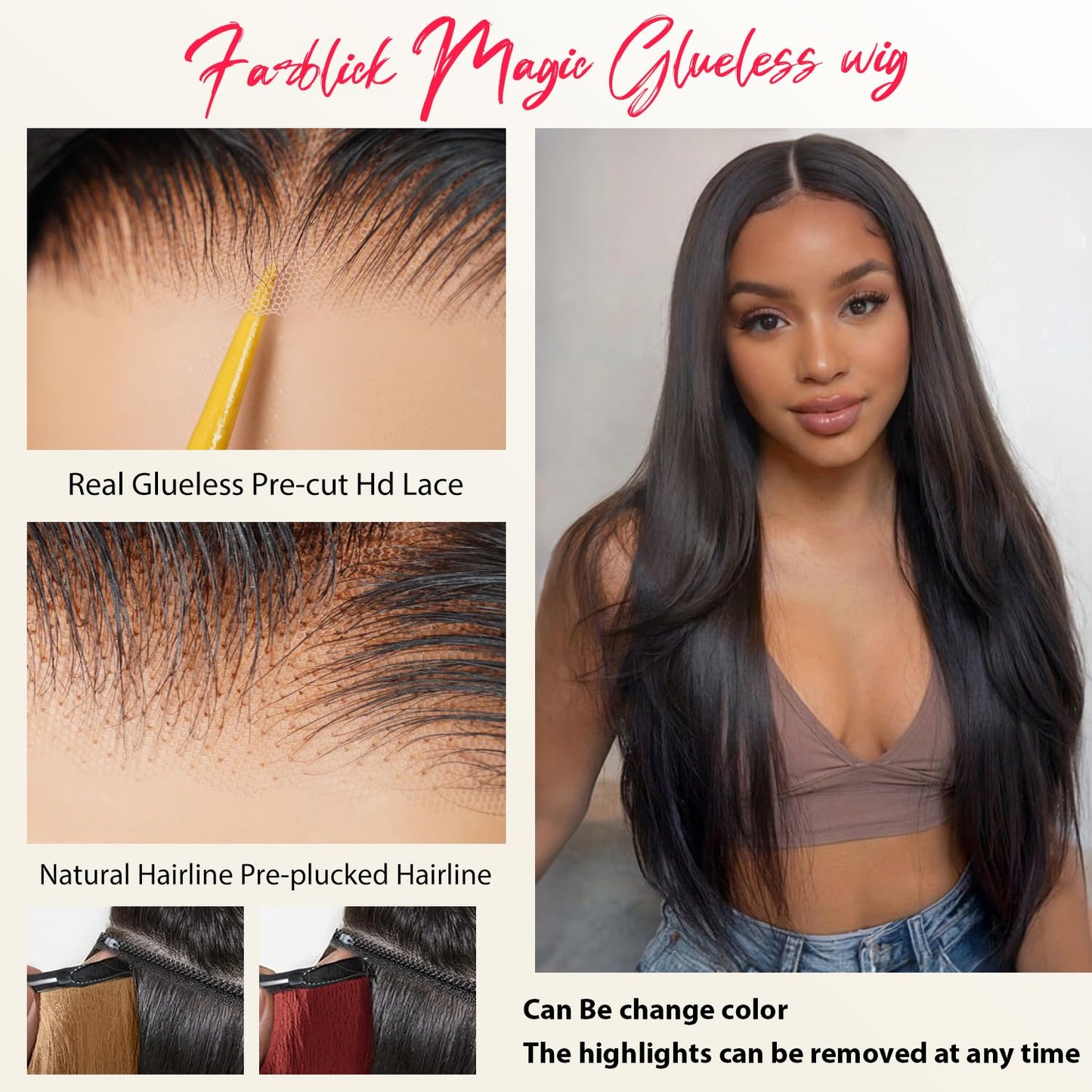 Glueless Wigs Human Hair Pre Plucked Pre Cut 20 Inch Magic Human Hair Wig that Can Change Colors 6x4 Straight Hd Lace Front Wigs Human Hair Wigs for Women 200% Density Nature Black Wig with Red