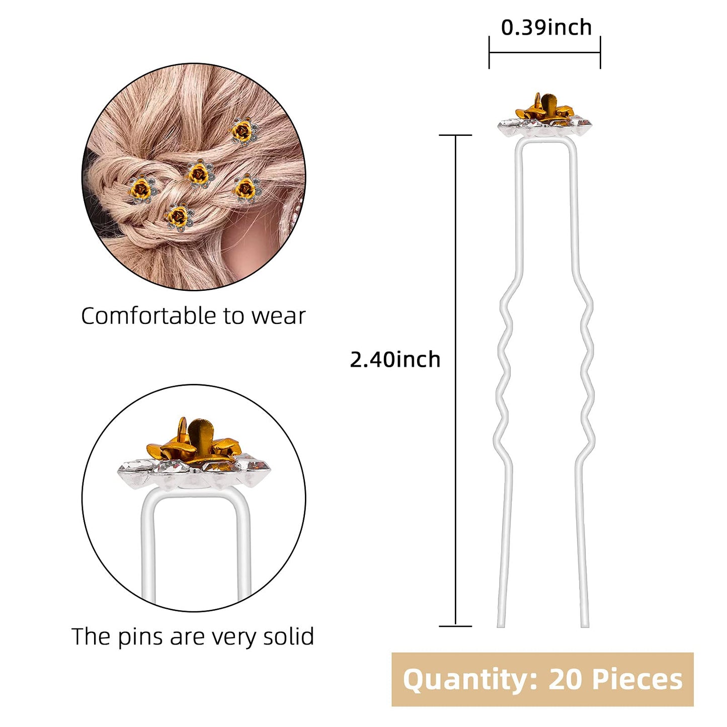 QIUTIMIY 20 Pack (Yellow) Crystal Hair Pins Rose Flower Rhinestone Hair Clips for Bridal Wedding Women Hair Jewelry Accessories, with Clear Container