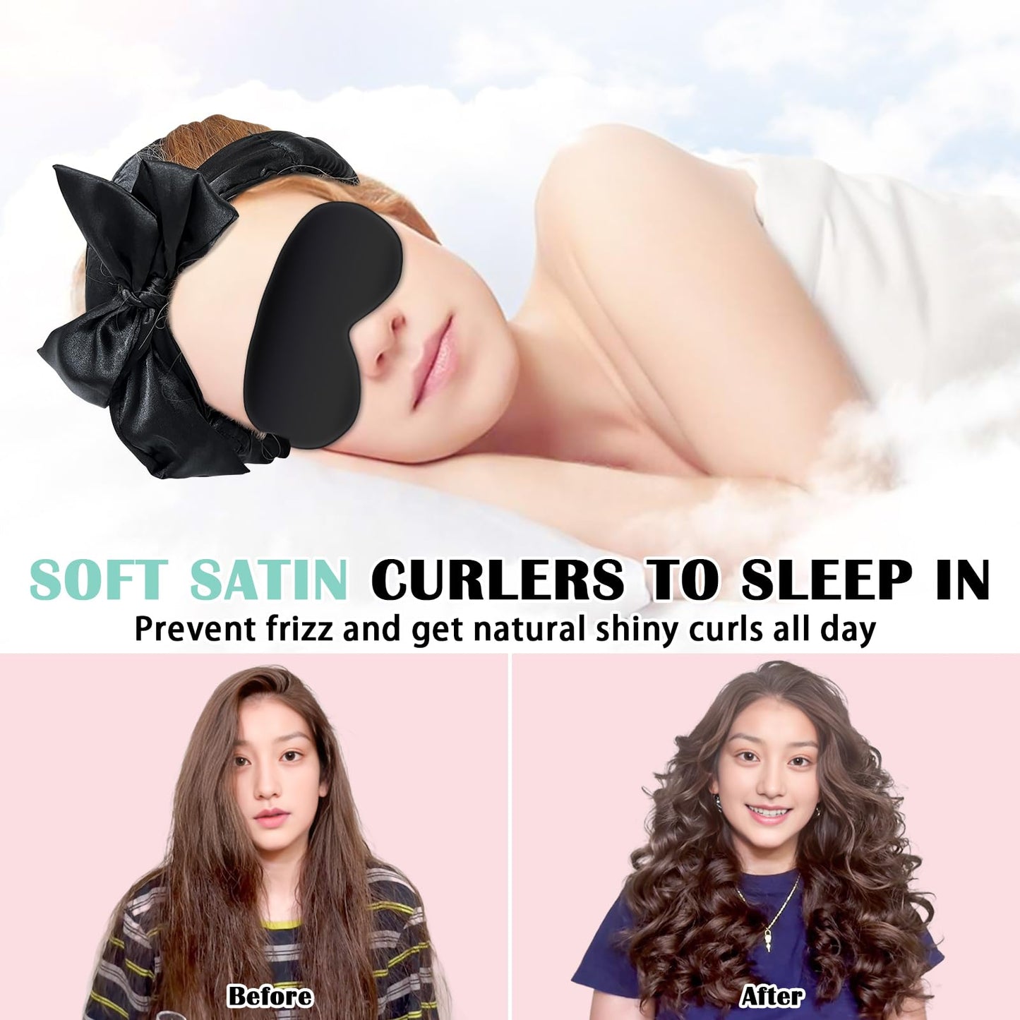 Gwabee Satin Heatless Curls Overnight Hair Curlers to Sleep In Hair Curler Rollers No Heat Hair Wrap for Curls Headband, 70" Satin Heatless Curling Rod Set for Women Long Waves Hair Volume-Black 10PCS