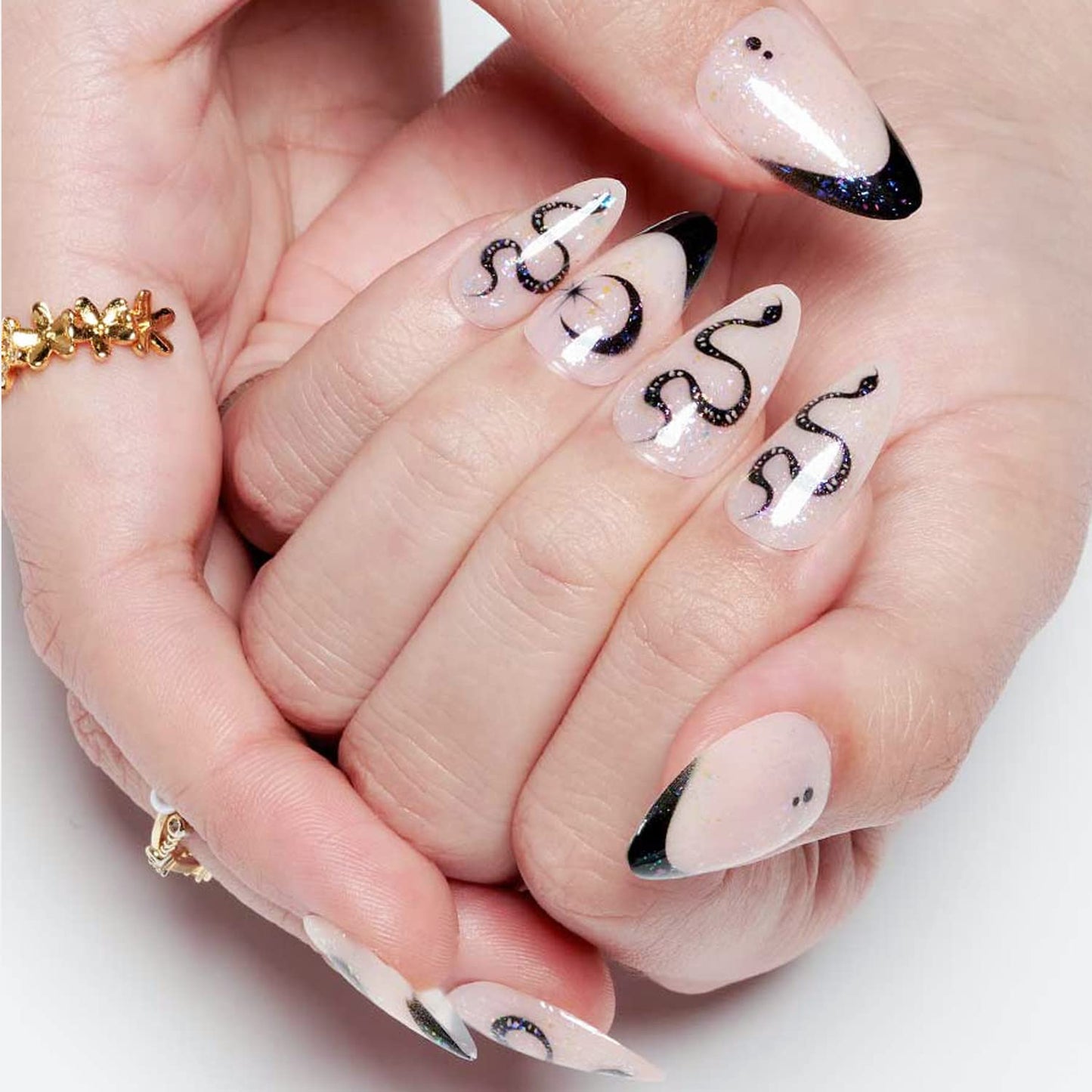 GLAMERMAID Nude White Press on Nail Medium Almond, Natural White Crush Nail, Stiletto Fake Nail with Glitter Snake Design, Short Oval Stick Glue on Nail Tips for Women, Reusable Acrylic False Nail Kit