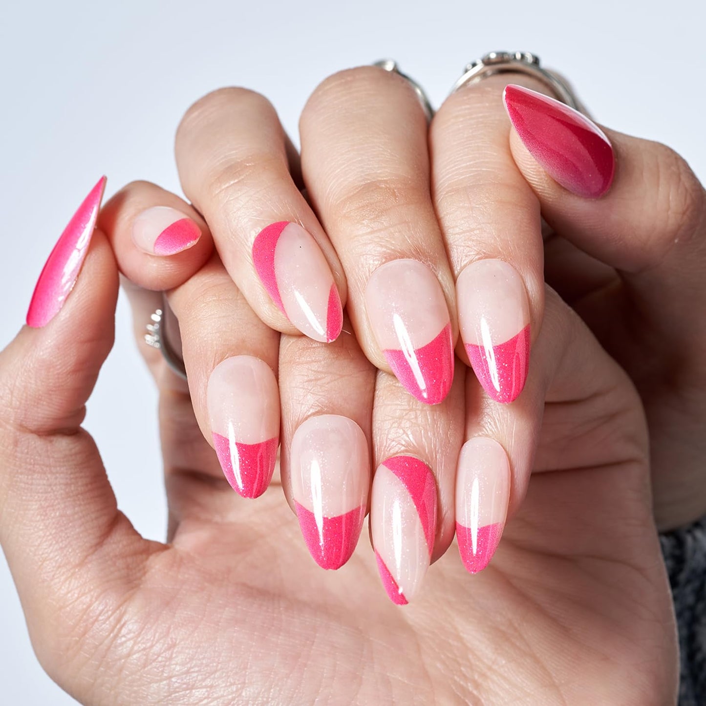 GLAMERMAID Hot Pink Press on Nails Medium Almond, Nude French Tip Fake Crush Nails,Shrimmer Stiletto Fake Nails, Short Oval Stick Glue on Nails Tips for Women, Reusable Acrylic False Nail Kits