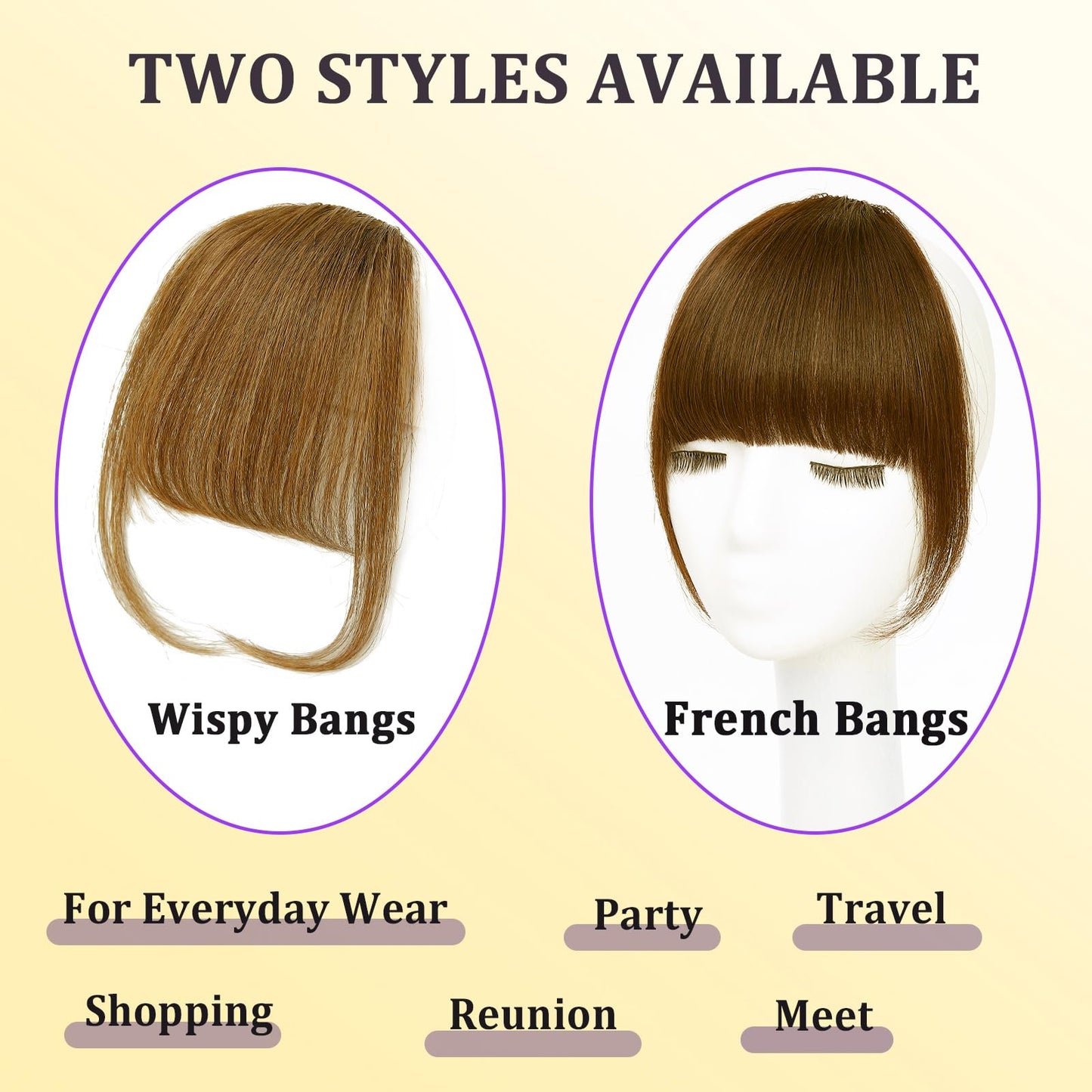 GHDXIWEYU Women 100% Human Hair Clip in Bangs,Fringe with Temples Curtain Flat Medium Brown Bangs,Natural Curved French Bangs,Faux Fake Bangs