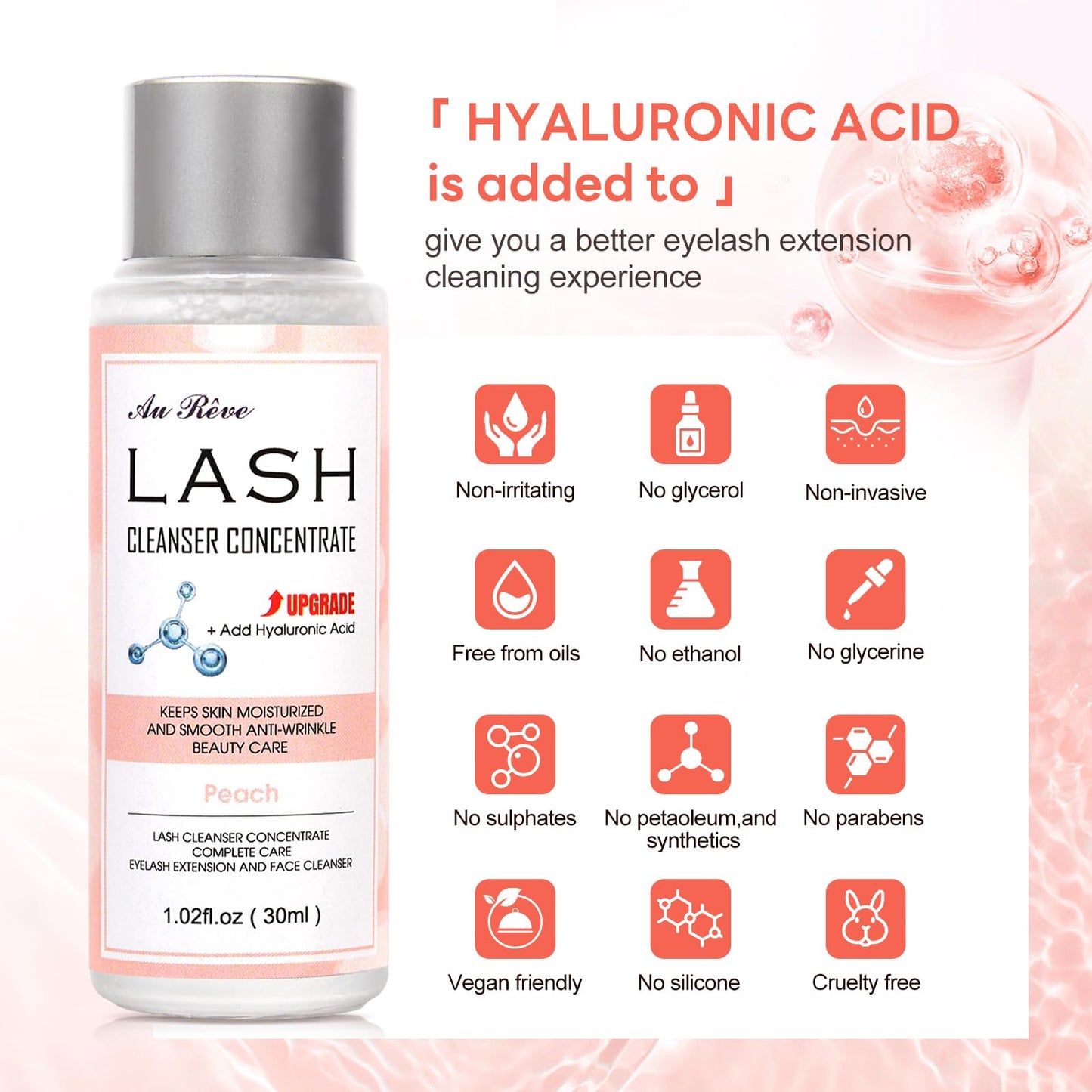 AuReve Lash Shampoo Concentrate 30ml Lash Cleanser Concentrate Add Hyaluronic Acid Oil-Free Lash Extension Shampoo Perfect for Salon，Peach