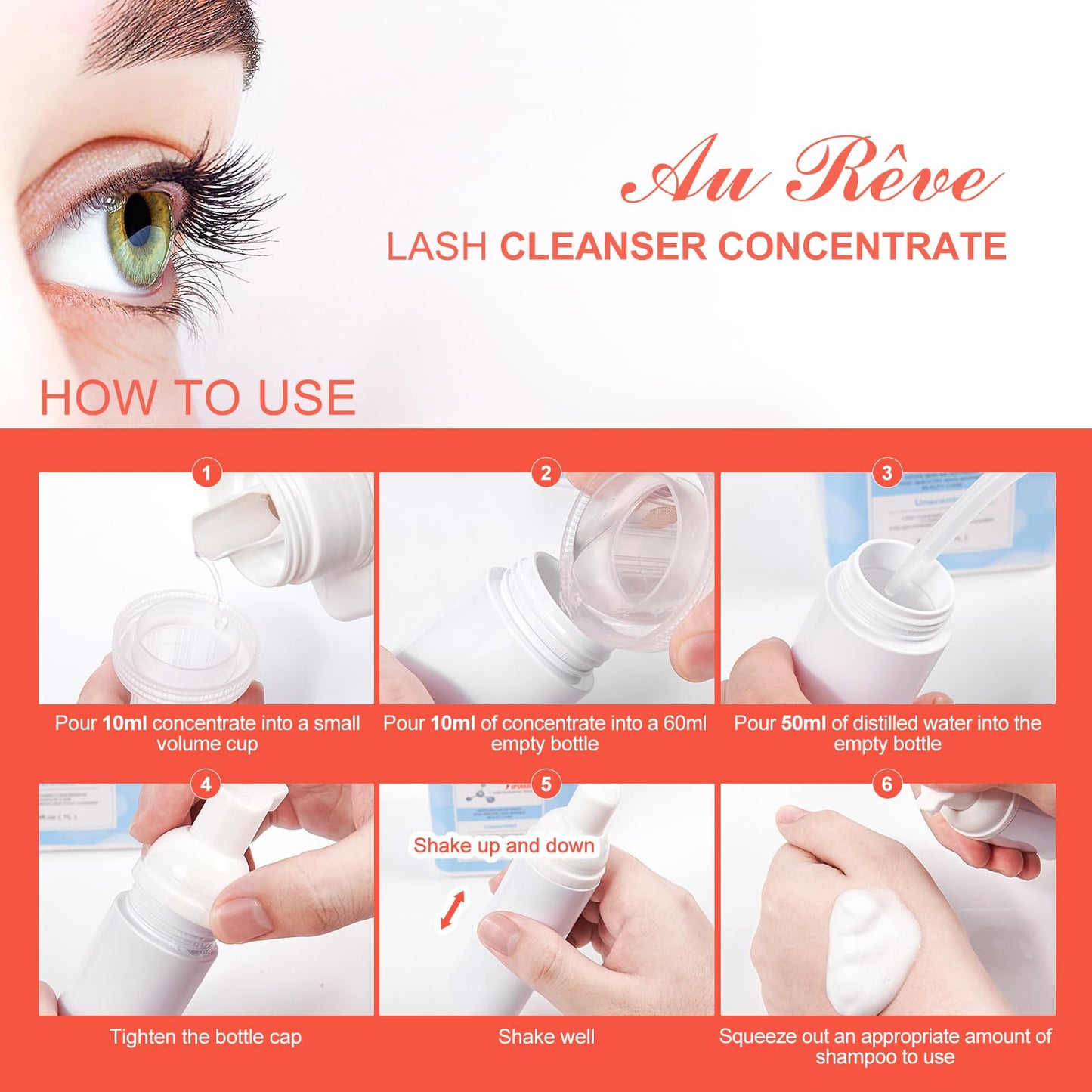 AuReve Lash Shampoo Concentrate 30ml Lash Cleanser Concentrate Add Hyaluronic Acid Oil-Free Lash Extension Shampoo Perfect for Salon，Peach