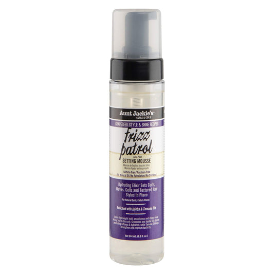Aunt Jackie's Grapeseed Style and Shine Recipes Frizz Patrol Anti-Poof Setting Hair Mousse, Sets Curly Hair Styles in Place,Purple Fl.Oz 8.5 Ounce