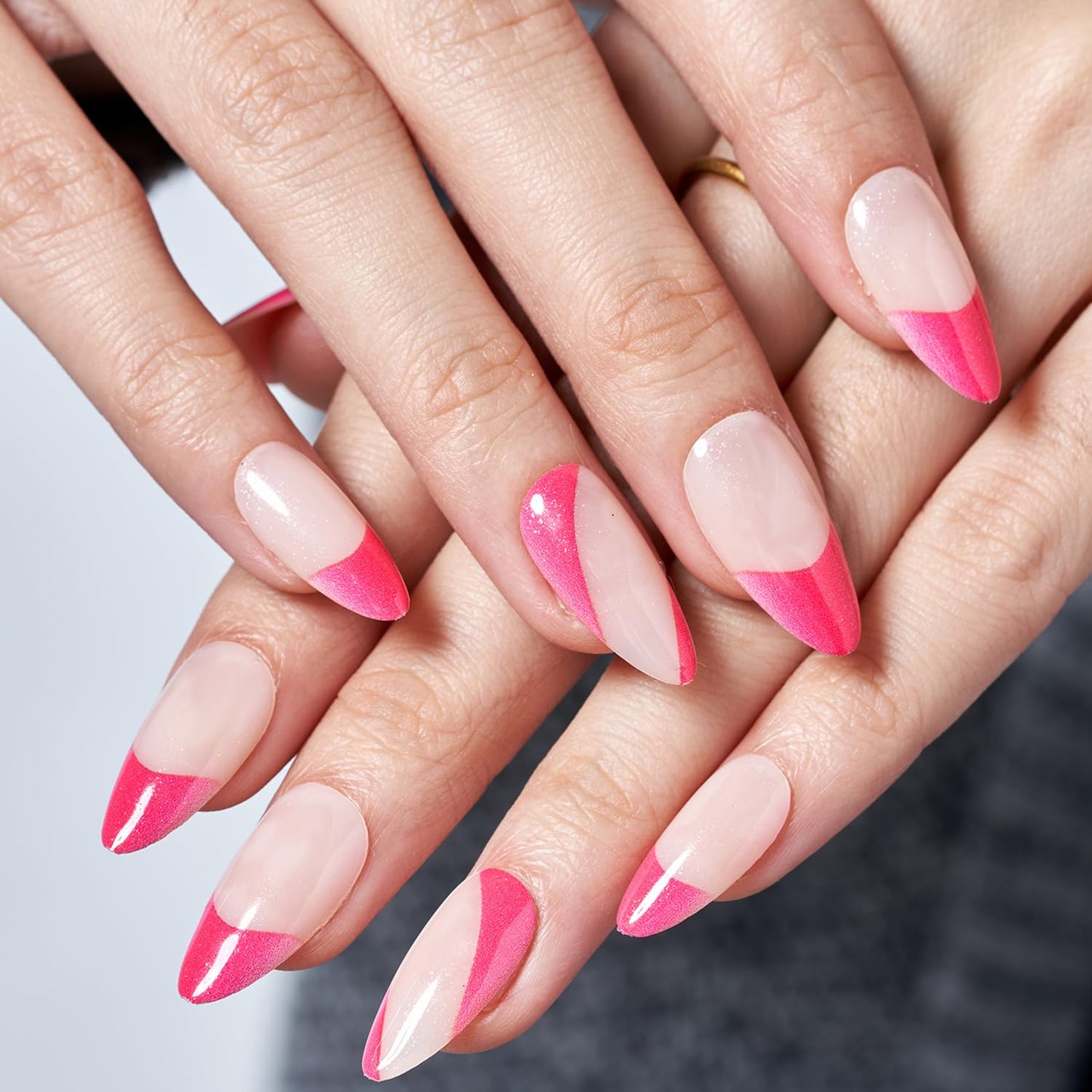 GLAMERMAID Hot Pink Press on Nails Medium Almond, Nude French Tip Fake Crush Nails,Shrimmer Stiletto Fake Nails, Short Oval Stick Glue on Nails Tips for Women, Reusable Acrylic False Nail Kits