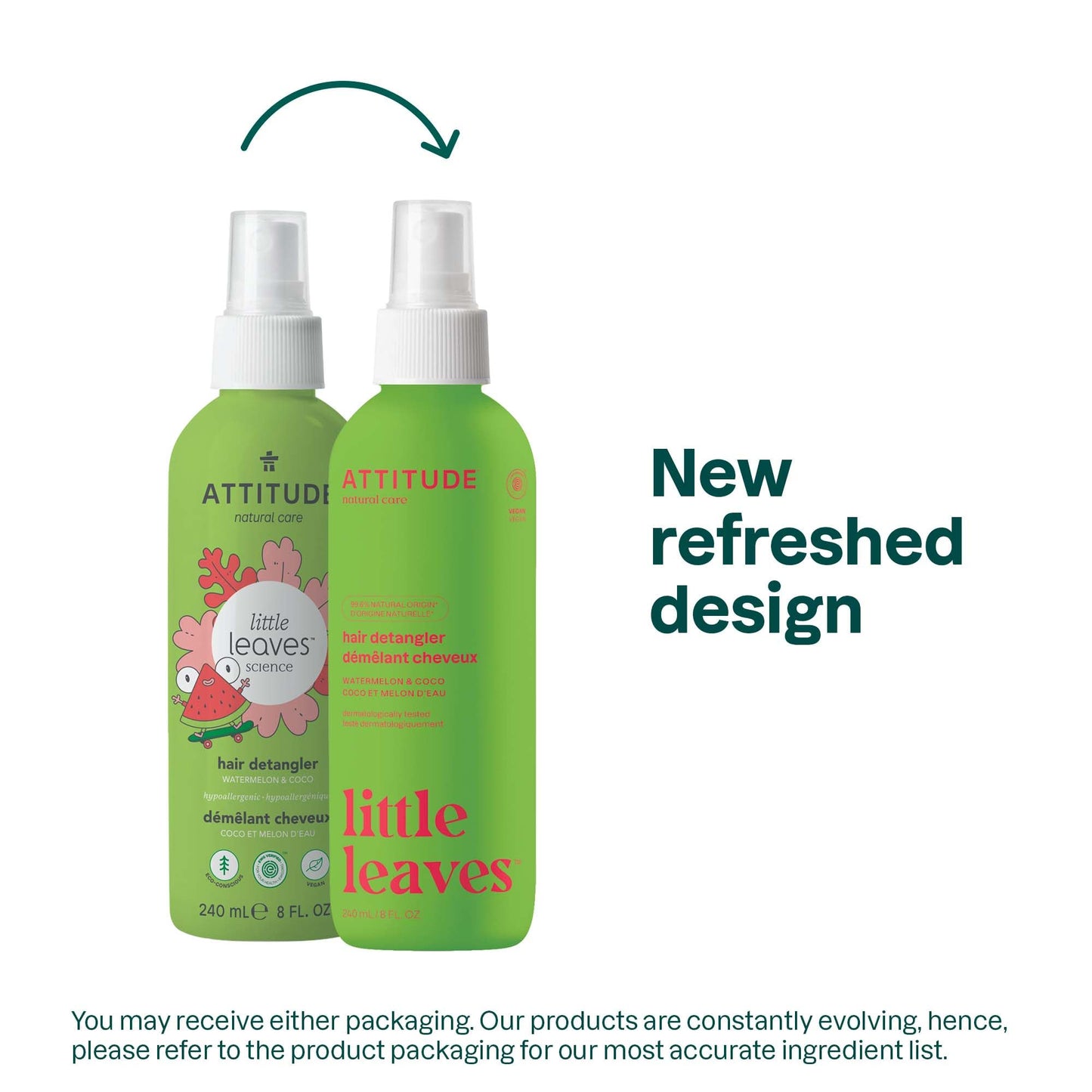 ATTITUDE Rinse-free Hair Detangler Spray for Kids, EWG Verified Leave In Product, Plant- and Mineral-Based Ingredients, Vegan, Watermelon & Coco, 8 Fl Oz