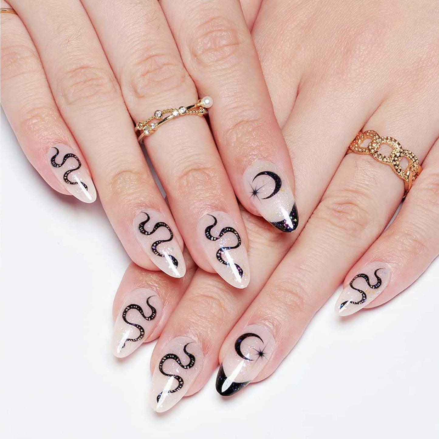 GLAMERMAID Nude White Press on Nail Medium Almond, Natural White Crush Nail, Stiletto Fake Nail with Glitter Snake Design, Short Oval Stick Glue on Nail Tips for Women, Reusable Acrylic False Nail Kit