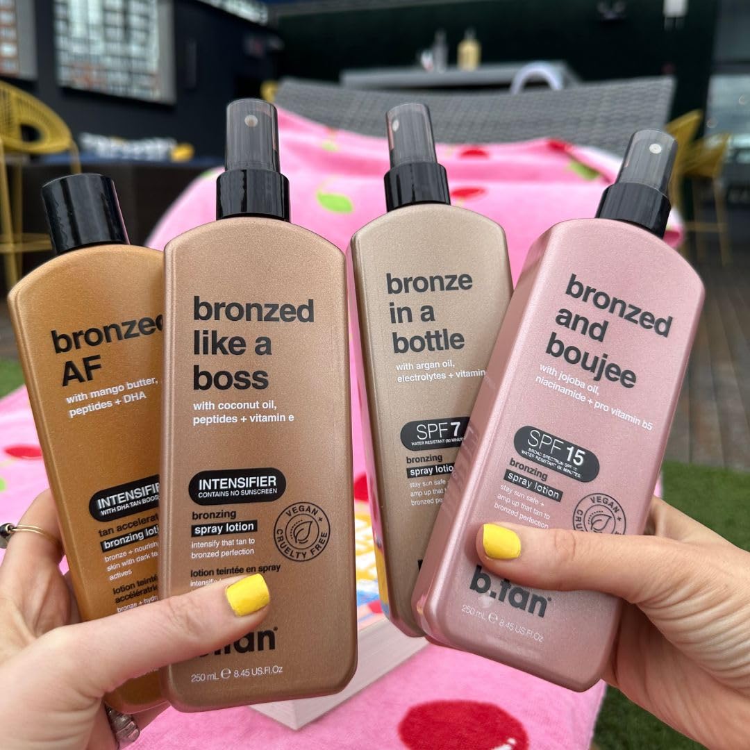 b.tan SPF 7 Sun Tanning Lotion Spray | Bronze In a Bottle - Best Tan Intensifier, Browning Outdoor Bronzing Accelerator, Packed with Argan Oil, Electrolytes, & Vitamin C, Austrailian Brand, 8.45 Fl Oz