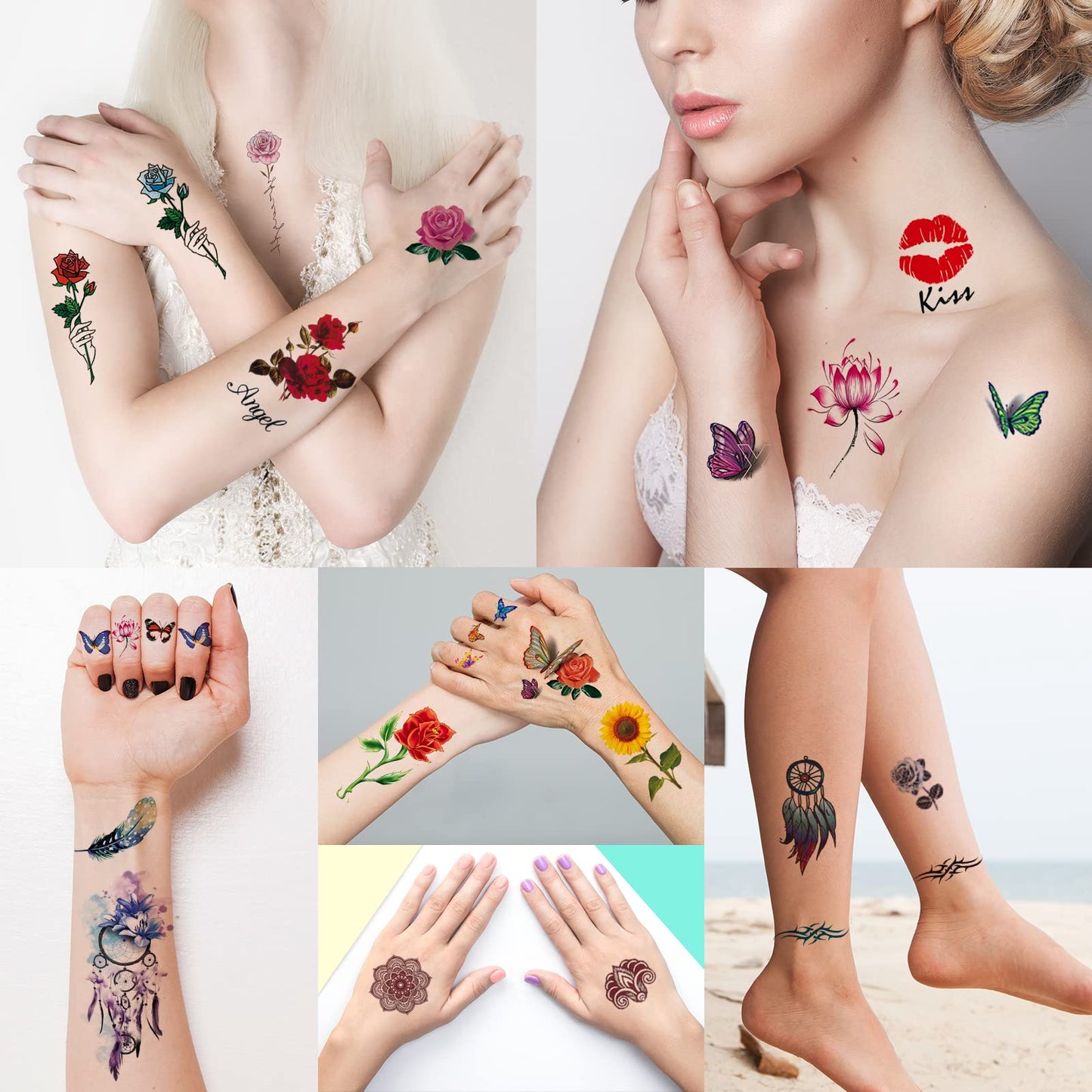 72 Sheets Temporary Tattoos for Women and Girls, Flower / Butterfly Temporary Tattoo, Fake Black Tiny Body Art Sticker
