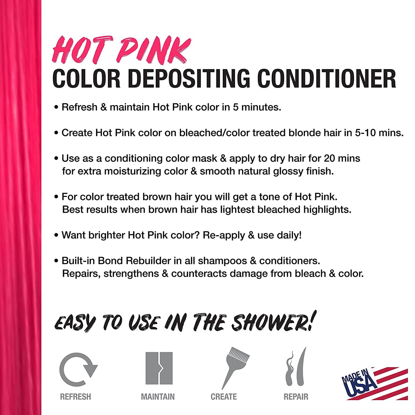 Hot Pink Color Depositing Conditioner - Semi Permanent Hair Color with BondHeal Bond Rebuilder - Pink Hair Dye - Deep Conditioner Hair Mask 6.4 oz
