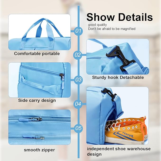 ZGWJ Sports Gym Bag with Wet Pocket & Shoes Compartment, Waterproof Shoulder Weekender Bag for Women and Men Swim Sports Travel Gym Bag Lightweight and easy Carry on Light Blue