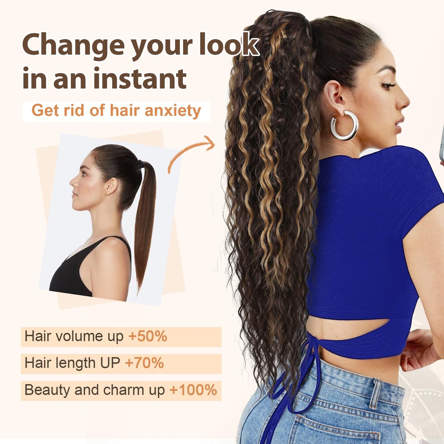 Flufymooz Ponytail Extension, 26 Inch Bohemian Style Drawstring Ponytail Hair Extensions for Women, Long Curly Wavy Pony Tail Natural Synthetic Hairpiece for Women (Deep Brown with Dirty Blonde)