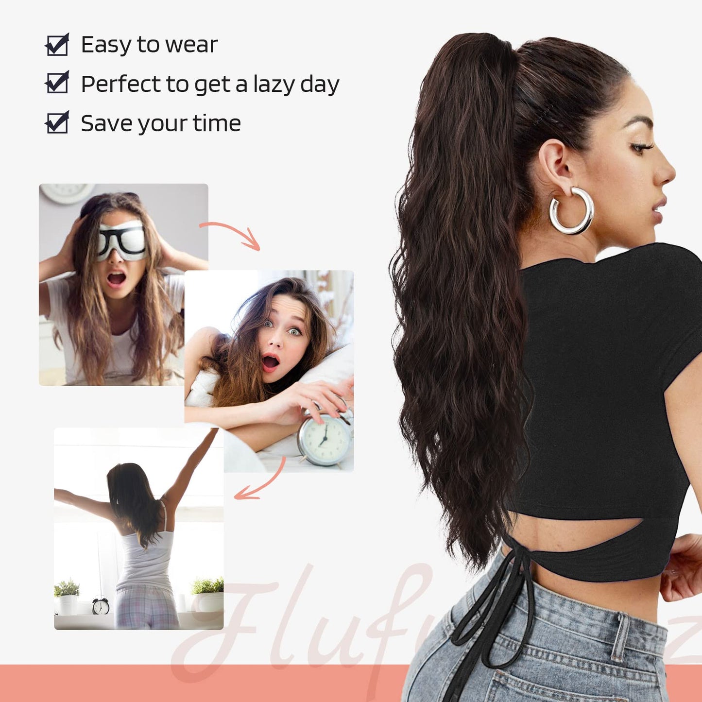 FLUFYMOOZ Ponytail Extension, 26 Inch Drawstring Ponytail Hair Extensions for Women， Long Curly Wavy Ponytail Natural Wavy Synthetic Hairpiece for Women (26" Ash Brown with Blonde Highlights)
