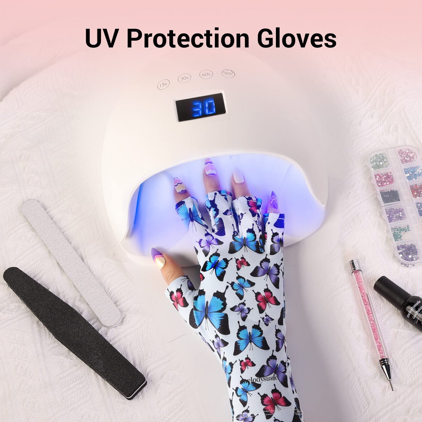 MelodySusie UV Gloves for Nails, UV Lamp Gloves for Manicures Protection, Colorful Butterfly Gel Manicure Gloves, Nail Art Skin Care Fingerless UV Shield Gloves