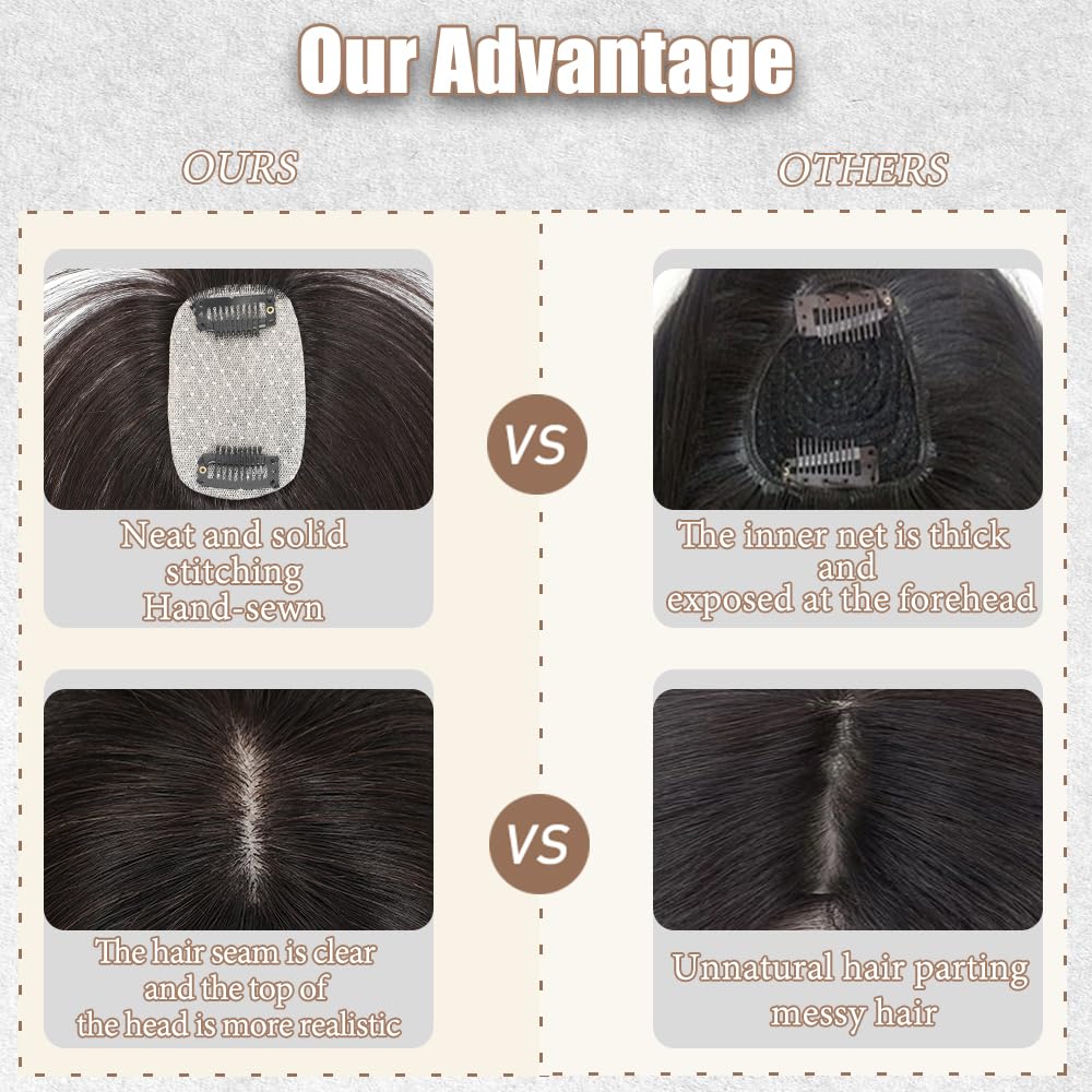 Hair Toppers for Women Real Human Hair, 3D Cover Clip in Bangs Realistic Scalp Line Human Hair Toppers for Women with Thinning Upgrade Basement with French Bangs (Dark Brown, French)